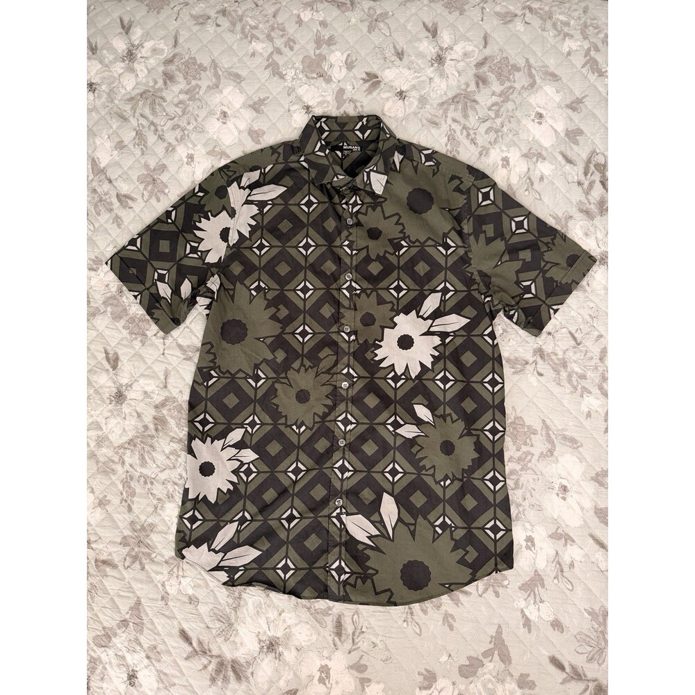 Murano Men's Large Olive Geometric Floral Button Front Shirt 100% Cotton Resort